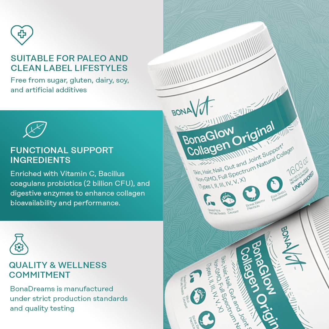 BonaGlow label emphasizes vitamin C and probiotic ingredients for bioavailability
