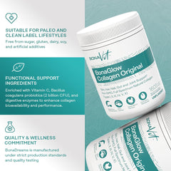 BonaGlow label emphasizes vitamin C and probiotic ingredients for bioavailability