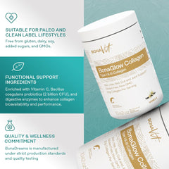 Bonavit BonaGlow vanilla powder mixing with plant-based milk for a shake.