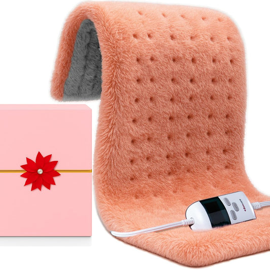 Boncare Ultra Plush XXL heating pad on bed for full-back coverage and warmth.