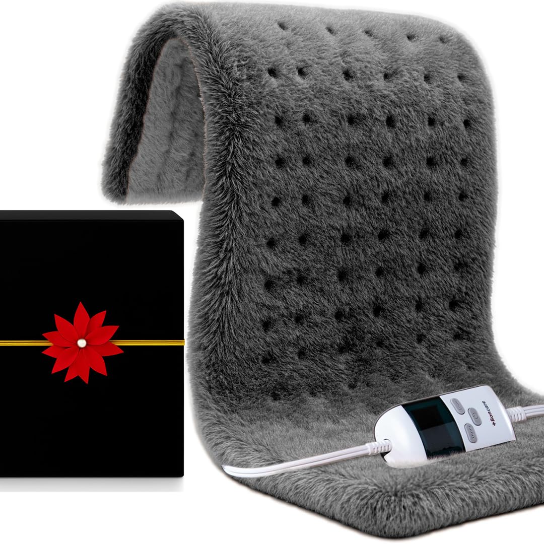 Boncare Ultra Plush XXL heating pad covers large back and shoulder area for full-body comfort
