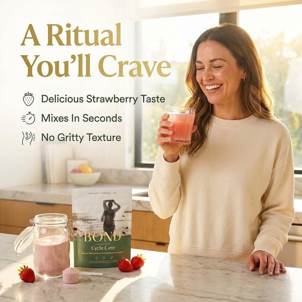 BOND Cycle Care glass with strawberry drink showing mood-friendly balance.