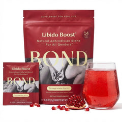 BOND Libido Booster effervescent sachet dissolving in water for a refreshing pomegranate drink