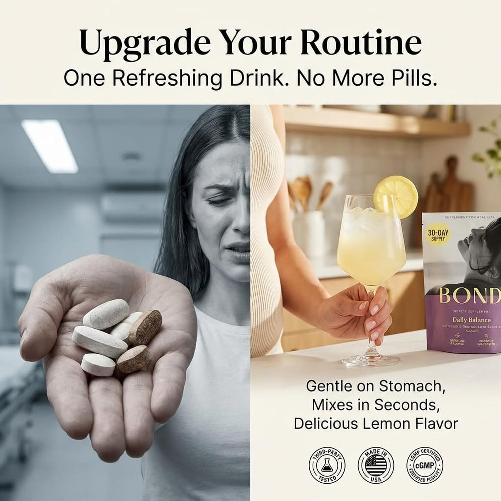 Probiotic and nutrient icons with Bond Prenatal Drink Mix suggesting gut support.