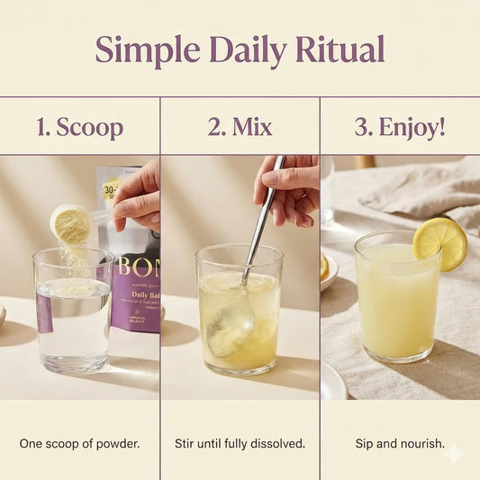 Lemon-flavored Bond Prenatal Drink Mix poured into a glass for refreshing energy.