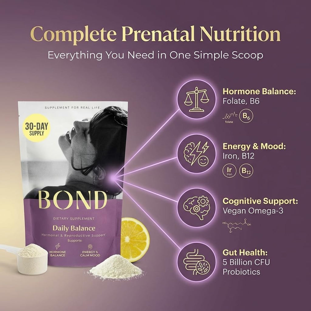 Scoop beside Bond Prenatal Drink Mix powder for easy single-serving preparation.
