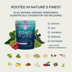 Bondi Pure alkalizing greens powder signals detox-friendly nourishment for daily vitality.