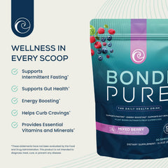 Bondi Pure berry flavor scoop showing plant-based fiber supporting digestion.