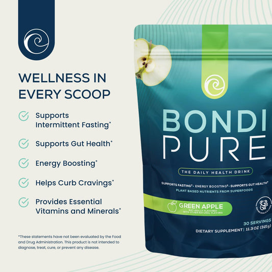 Bondi Pure Green Apple pour showing a refreshing drink in a glass.