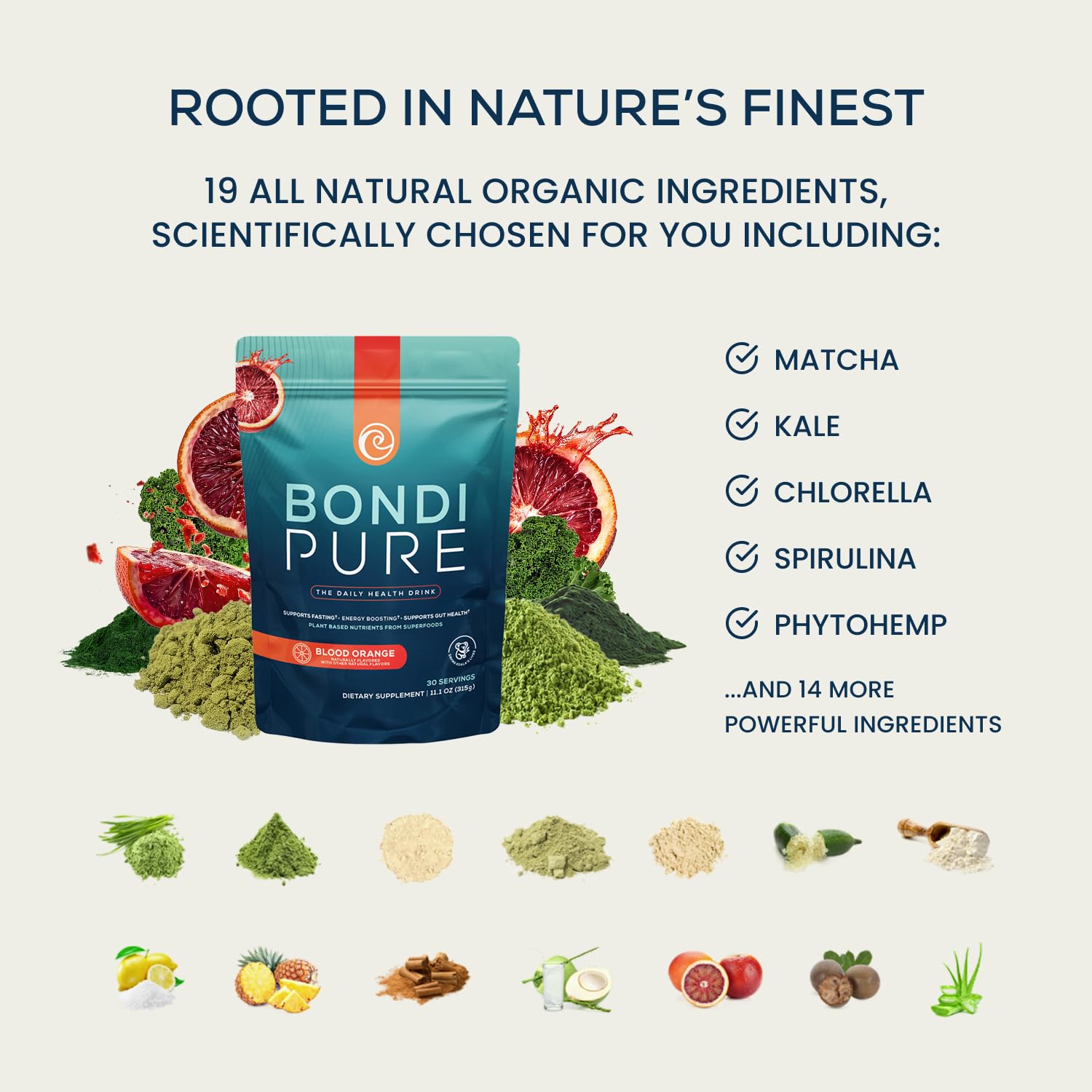 Closeup of Bondi Pure greens such as wheat grass.