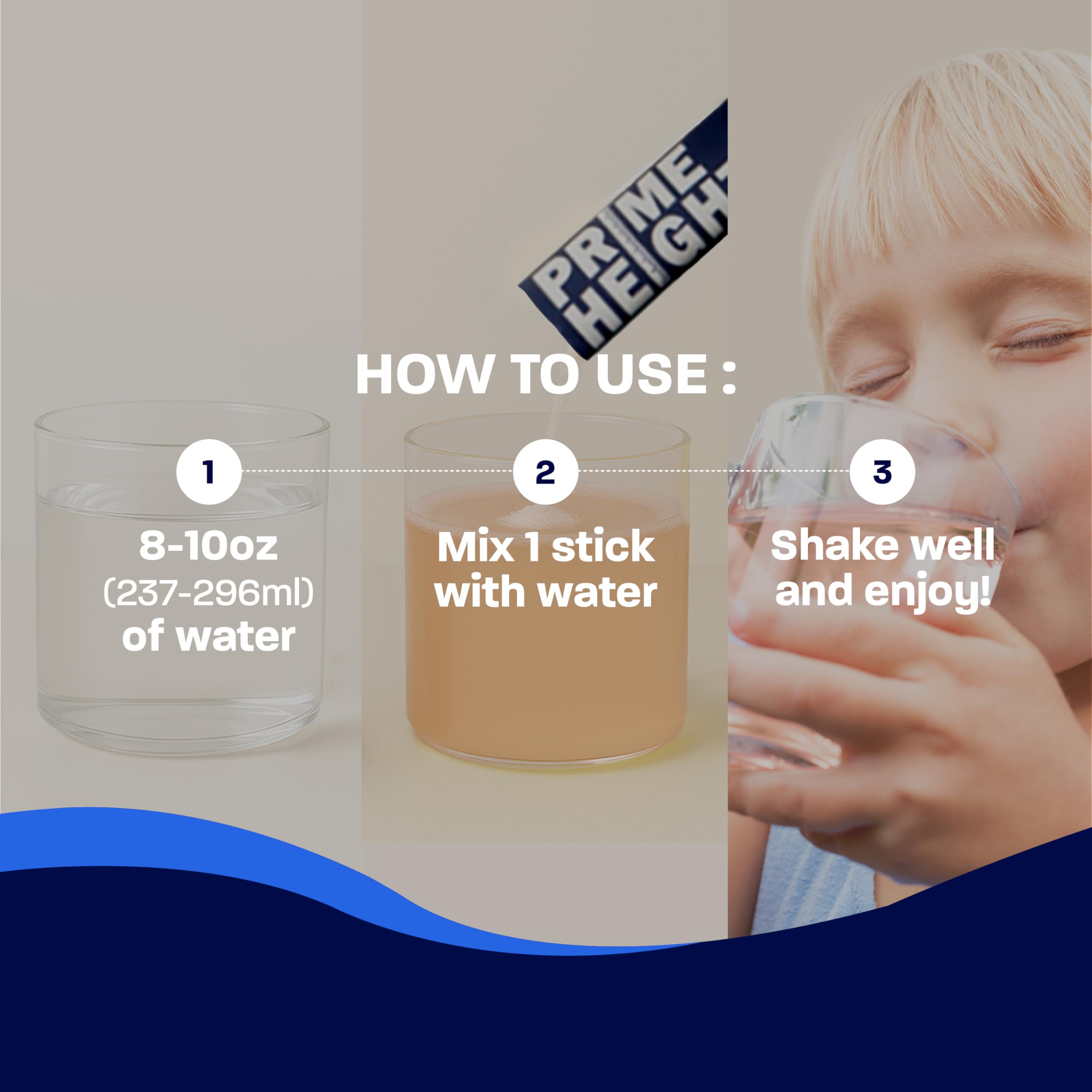 Bone Science Prime Height glass with powder mix suggests immune and daily wellness support for kids.
