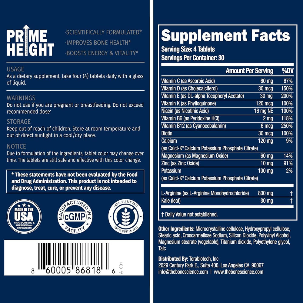 BONE SCIENCE PrimeHeight packaging with cGMP quality badge.