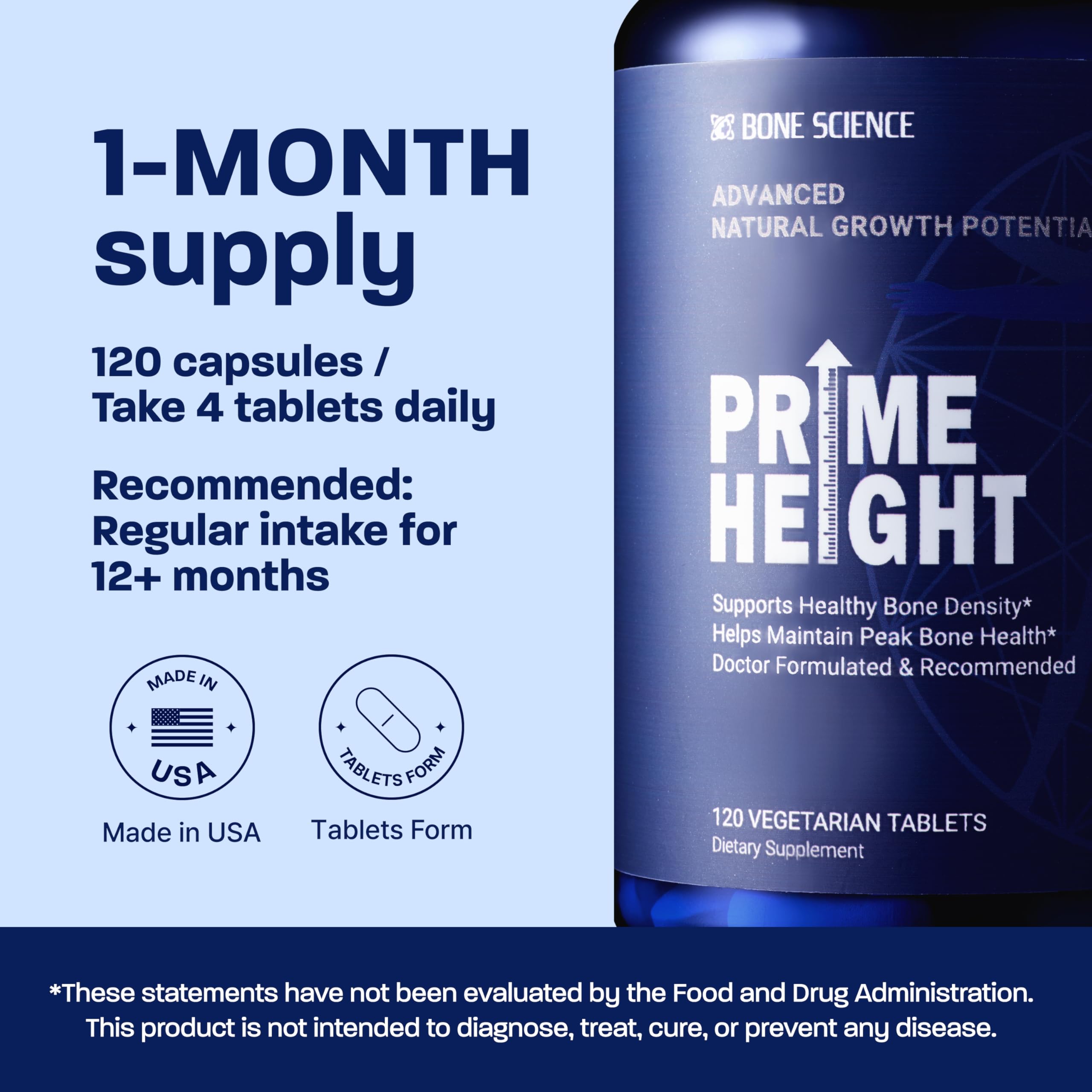 BONE SCIENCE PrimeHeight vegan formula non-GMO and gluten-free labeling.