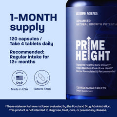 BONE SCIENCE PrimeHeight vegan formula non-GMO and gluten-free labeling.