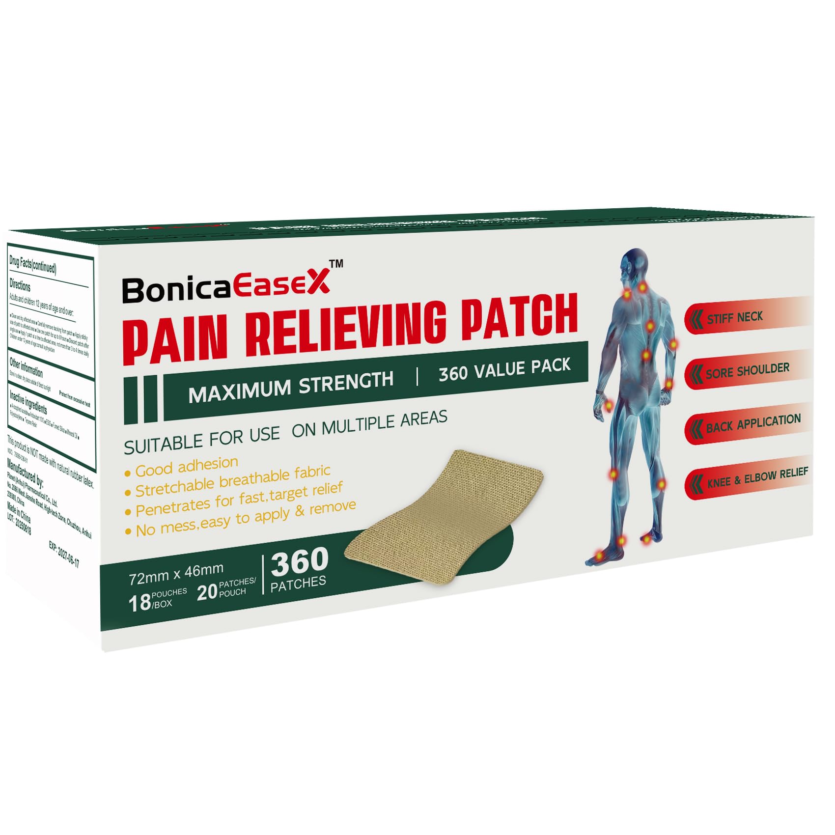 BonicaEaseX patch on the back provides targeted relief for muscle soreness.
