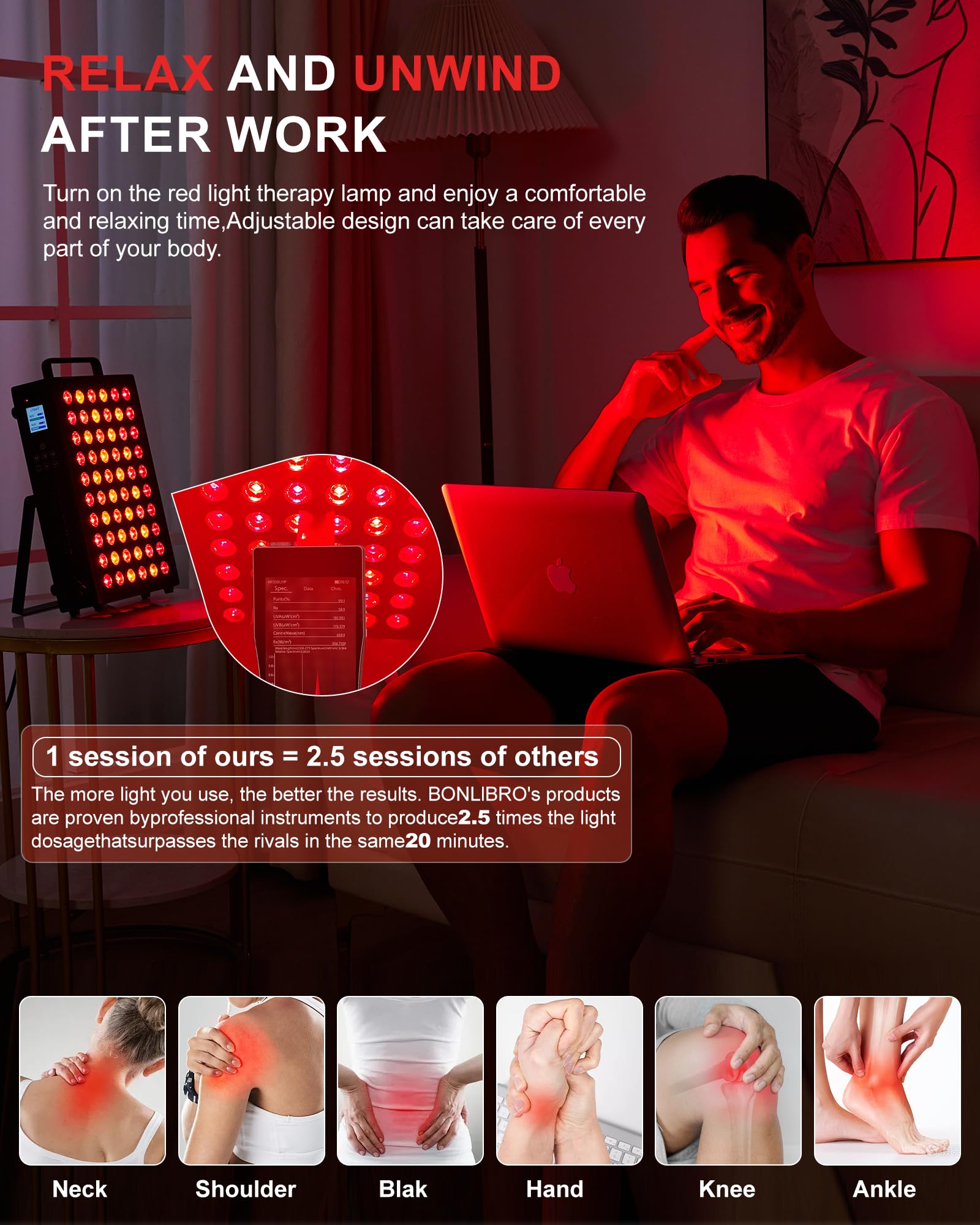 BONLIBRO BN-60 LED array glow indicating strong intensity for consistent therapy sessions.