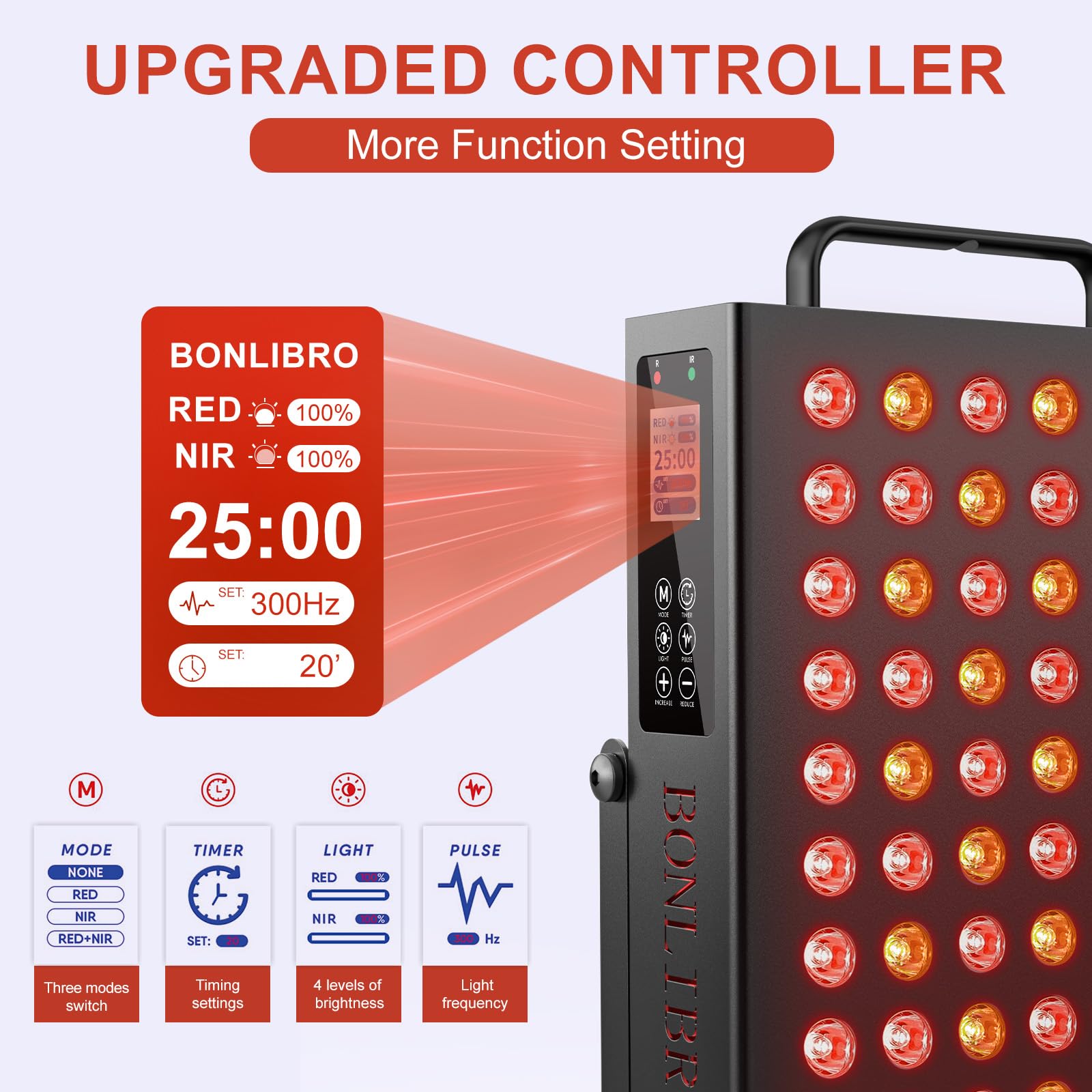 BONLIBRO red light panel side view, slim profile suitable for bedside or desk.