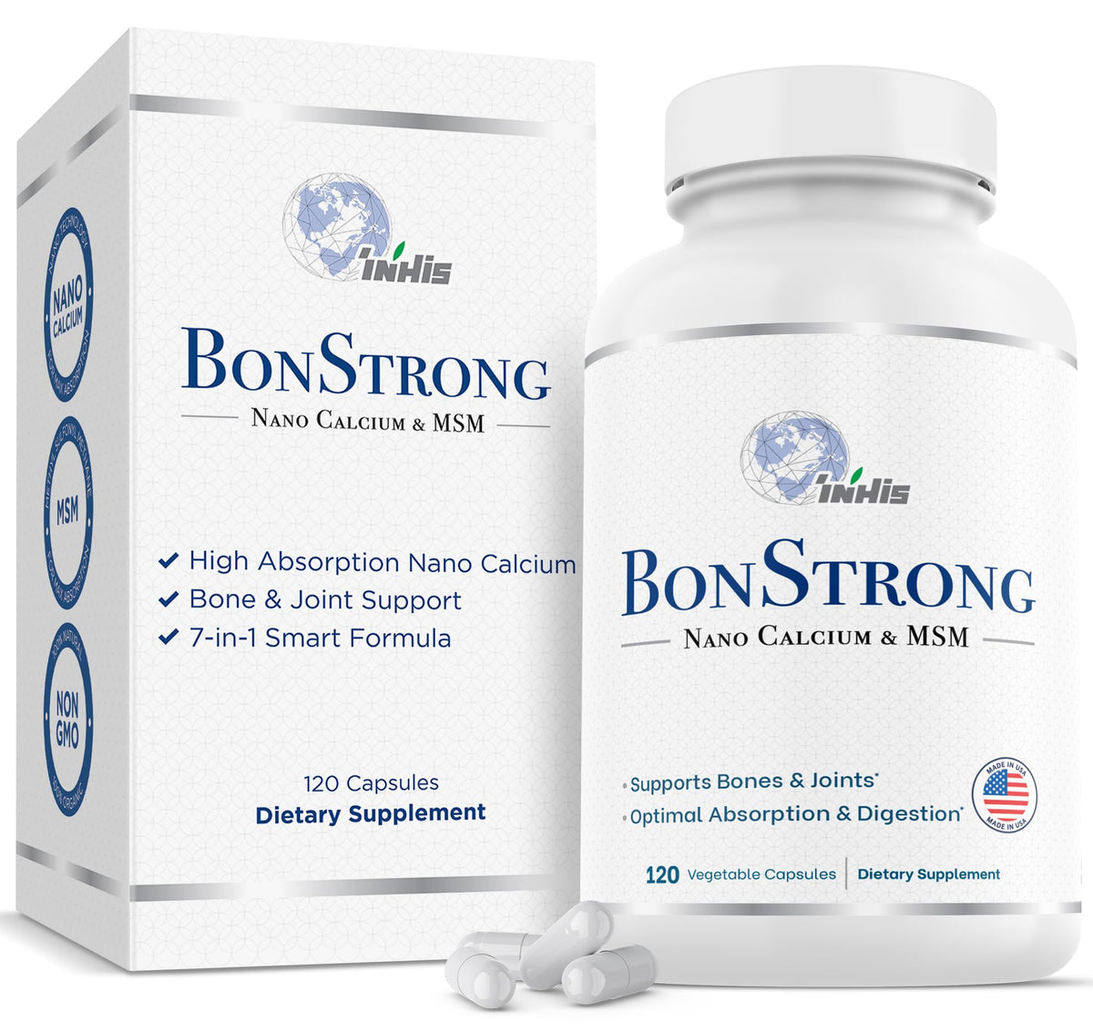 BonStrong Nano Calcium MSM bottle highlighting daily bone support for adults.