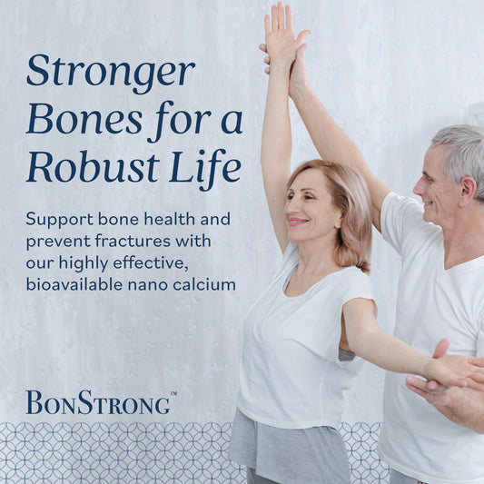 BonStrong capsules close-up emphasizing easy-to-swallow nano calcium design.