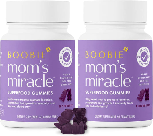 Boobie Bears lactation gummies bottle suggests milk supply support.