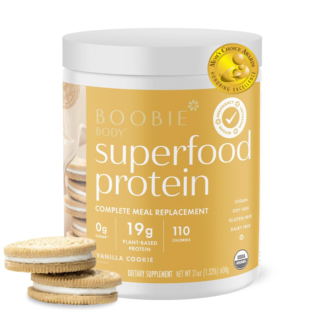 Boobie Body Vanilla Cookie tub showing protein-packed flavor for busy moms