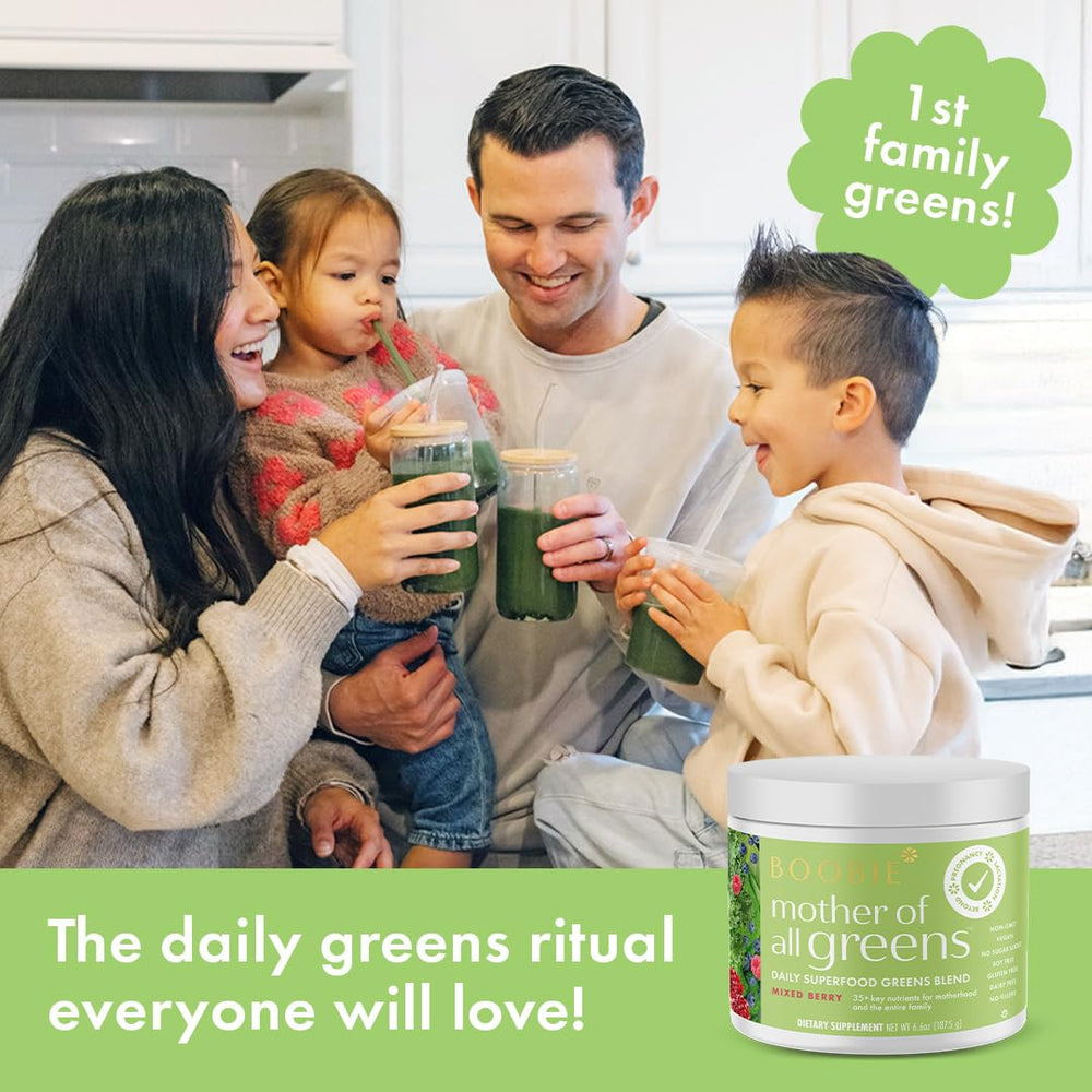 Boobie Brands daily greens scoop highlights easy mix in for busy families.