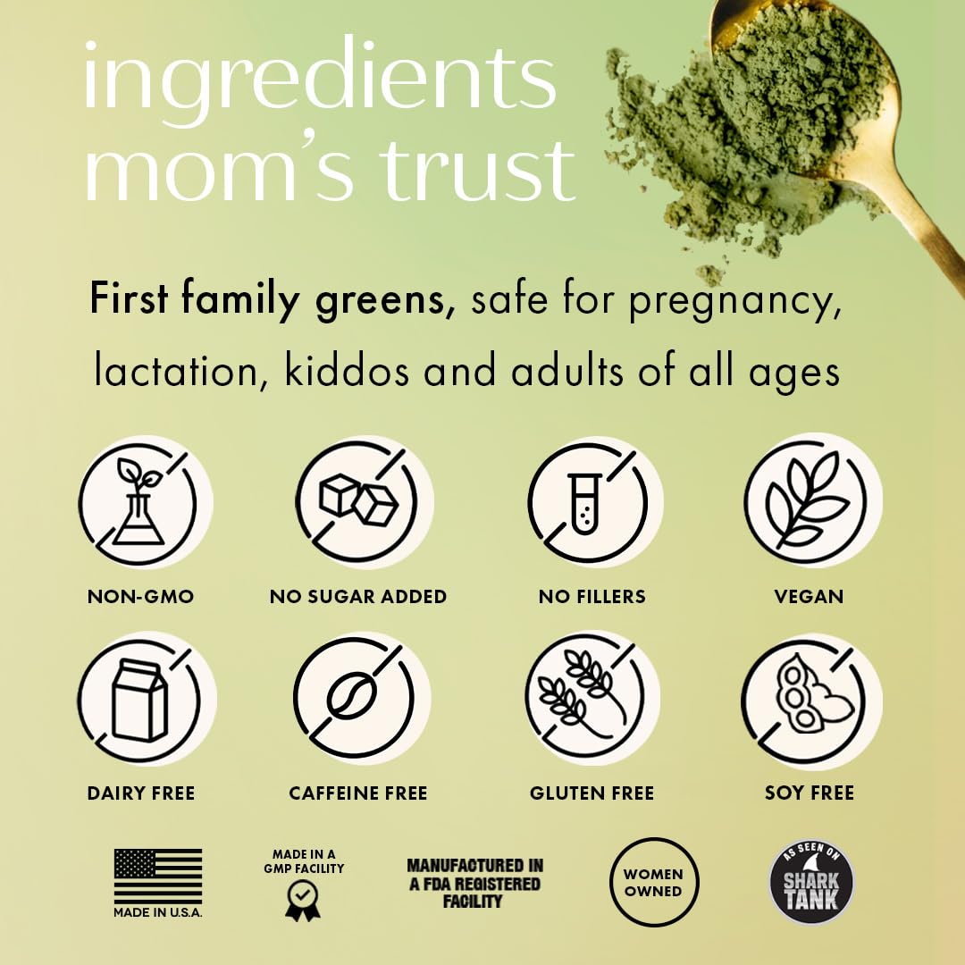 Boobie Brands greens scoop beside a shake, simple daily ritual for mom and family.
