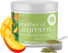Boobie Brands Mango Breeze greens powder tub seen on shelf for convenient daily mom nutrition.