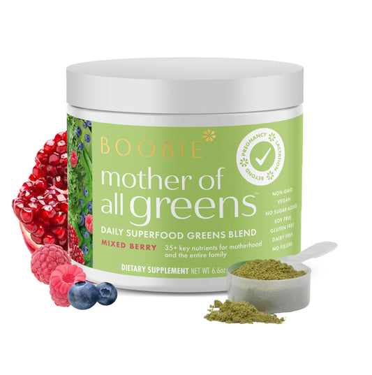 Boobie Brands pregnancy greens powder bottle, convenient daily nutrition for moms.