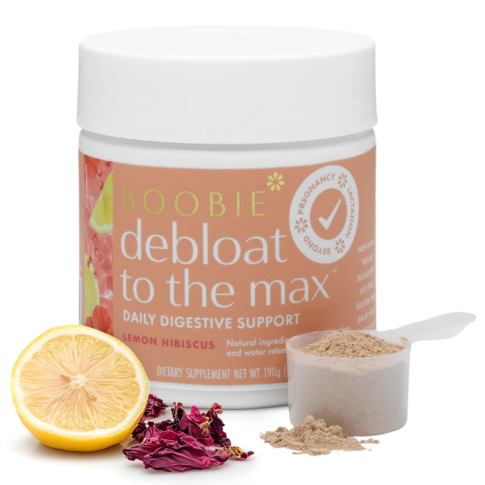 Boobie Debloat to the Max label close-up with lemon hibiscus blend for gut comfort