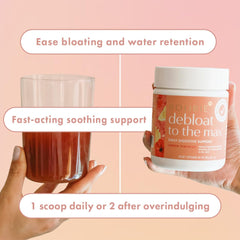 Boobie Debloat to the Max jar on counter with ingredients panel showing gut-friendly L-Glutamine and marshmallow root