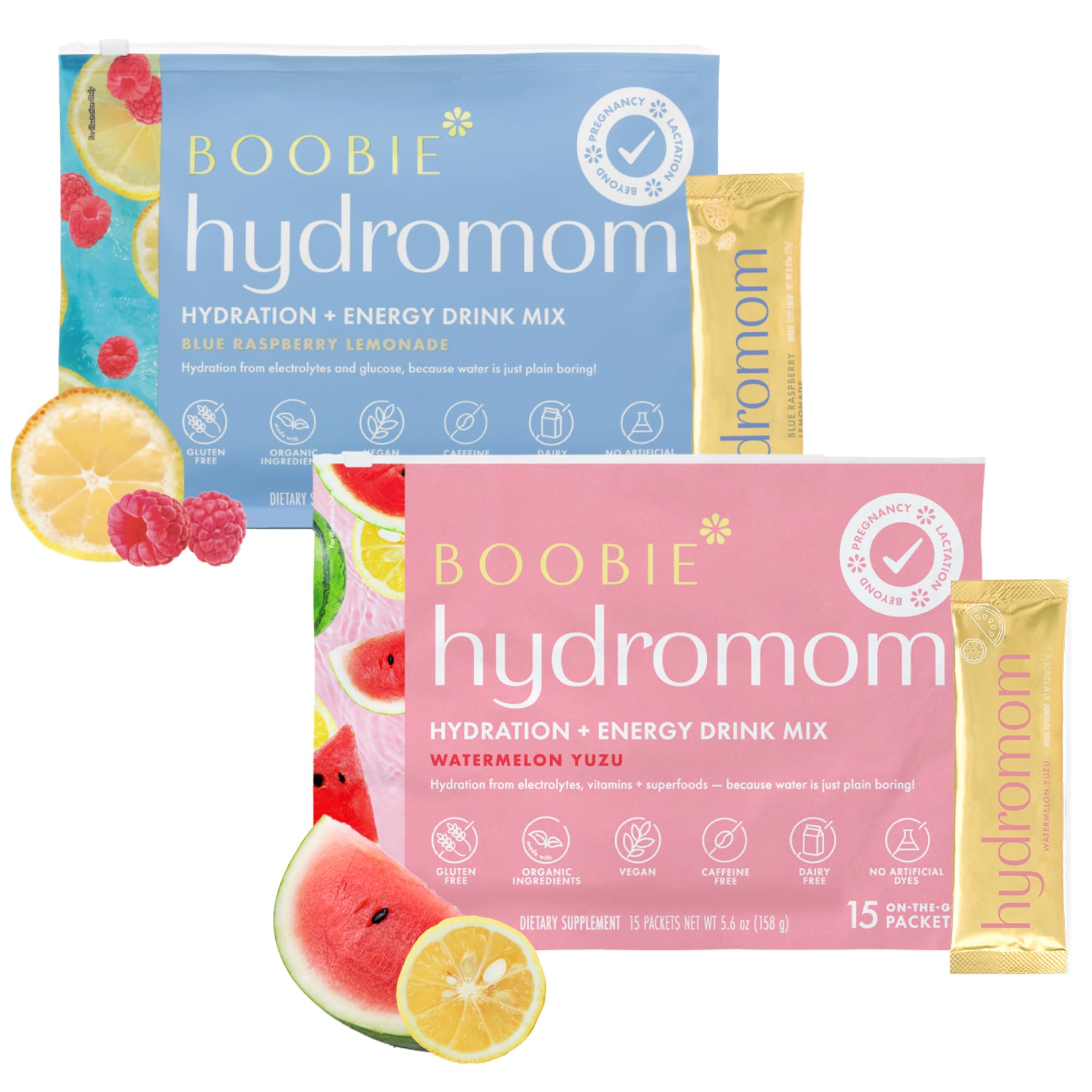 Boobie Hydromom Watermelon Yuzu packets for on-the-go hydration