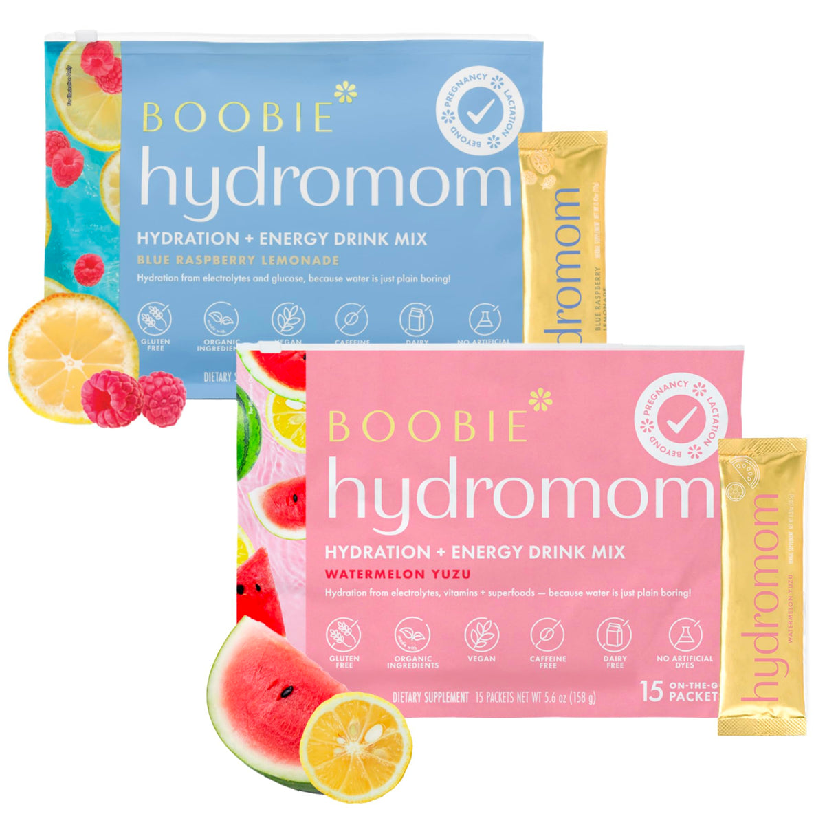 Boobie Hydromom Watermelon Yuzu packets for on-the-go hydration