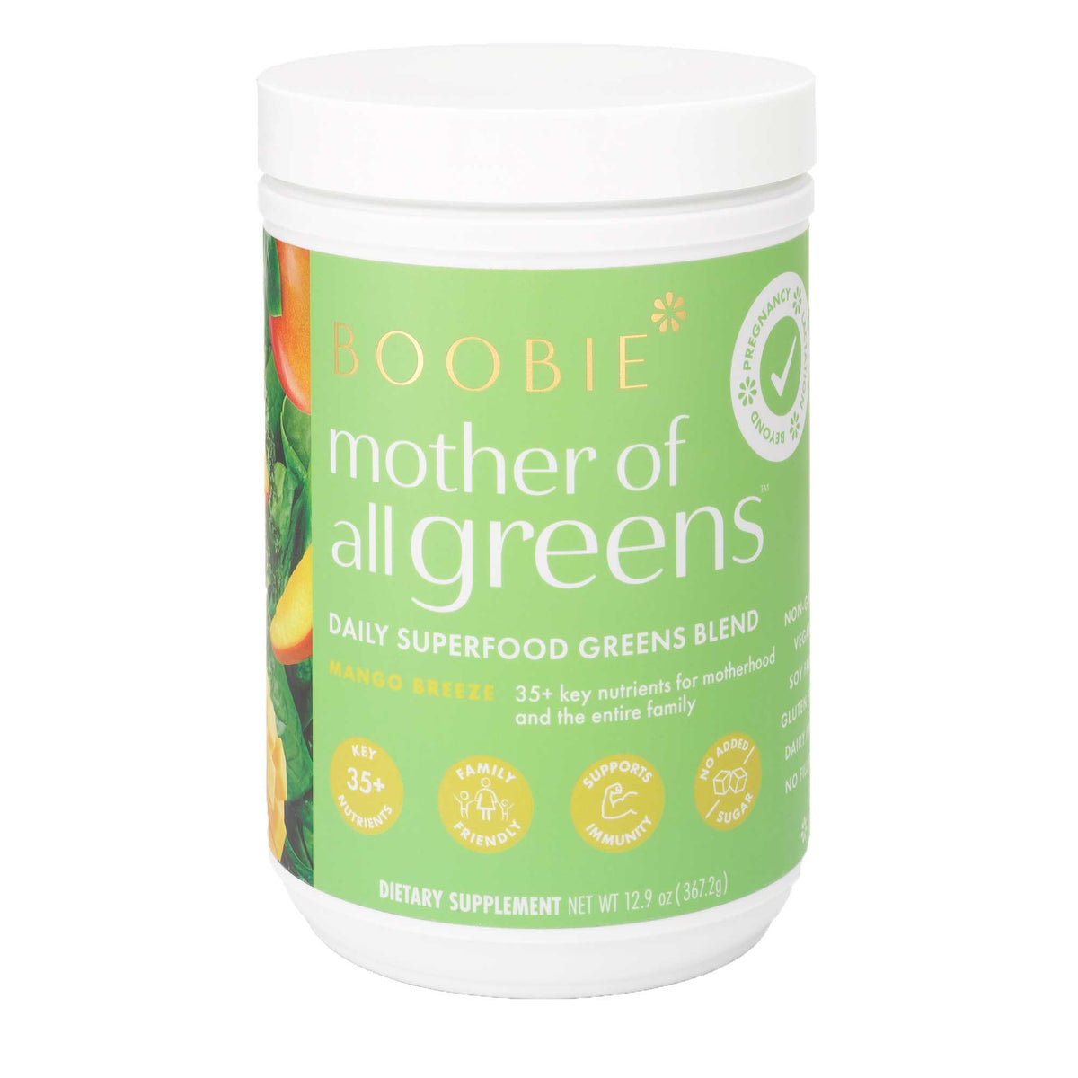 Boobie Mother of All Greens bottle mango—daily greens boost for the family.
