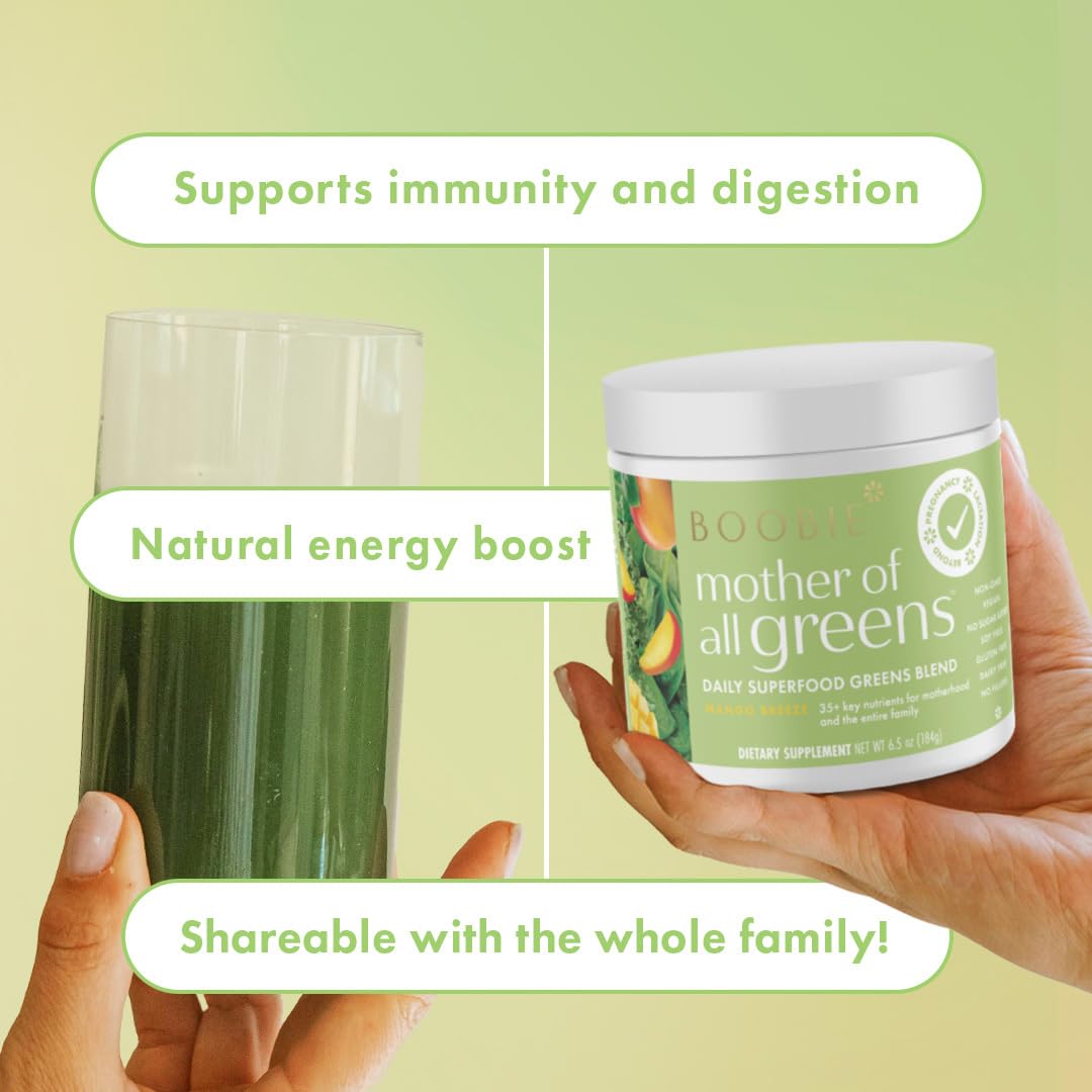 Boobie Mother of All Greens ingredients list includes spirulina, kale, and hemp protein.