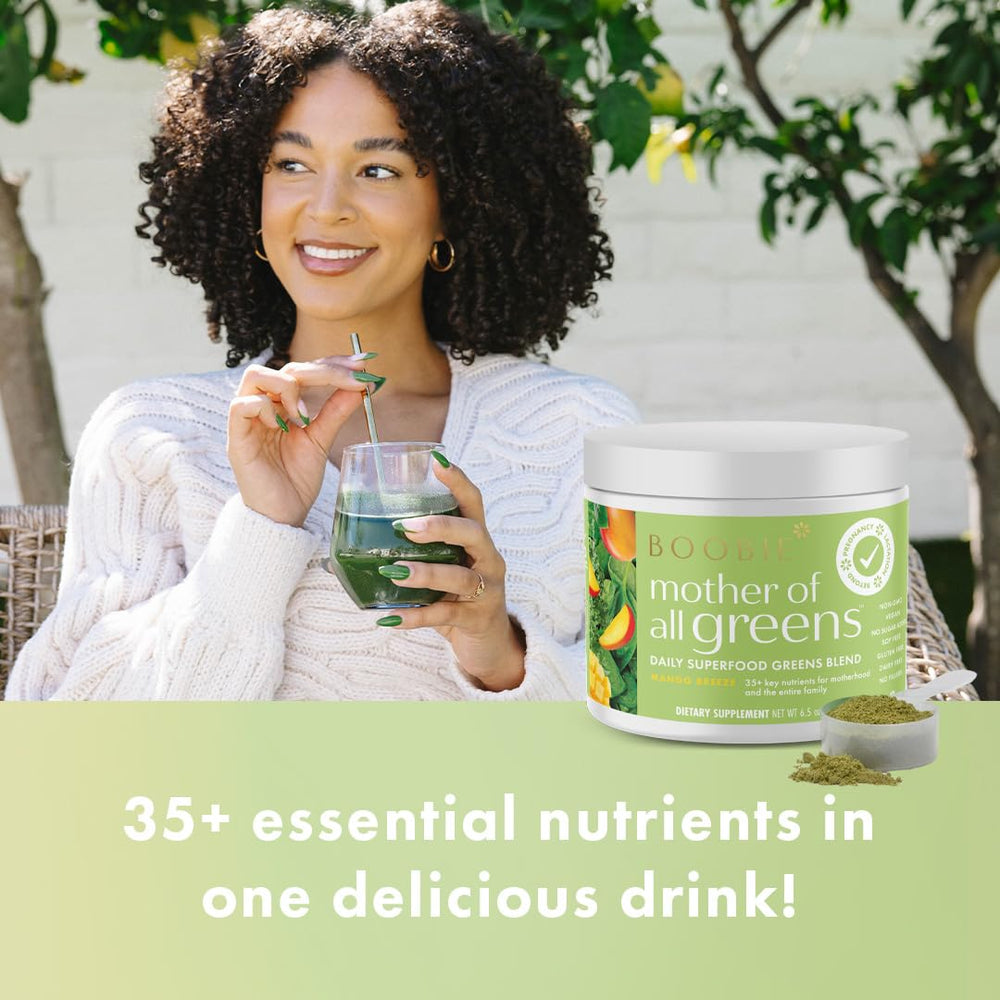 Boobie Mother of All Greens powder scoop shows easy, measured servings for consistency.