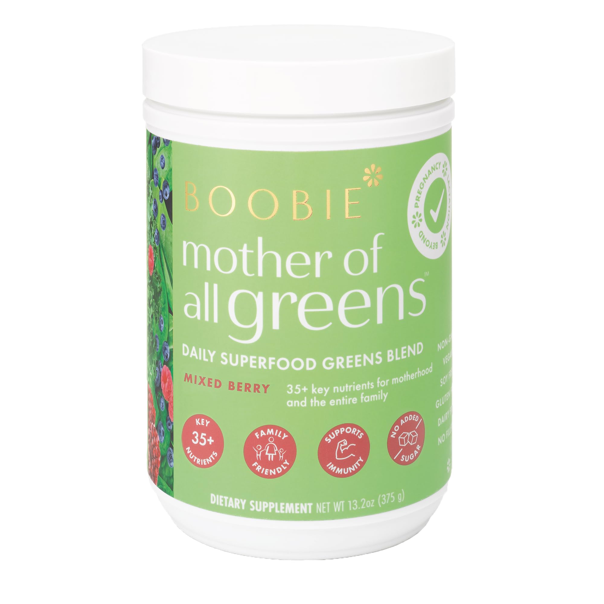 Boobie Mother of All Greens tub front with 60 servings for family nutrition.