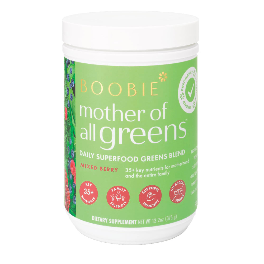 Boobie Mother of All Greens tub front with 60 servings for family nutrition.