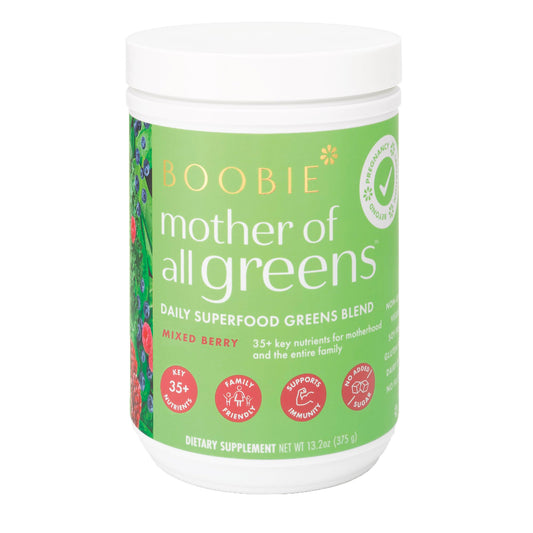 Boobie Mother of All Greens tub front with 60 servings for family nutrition.