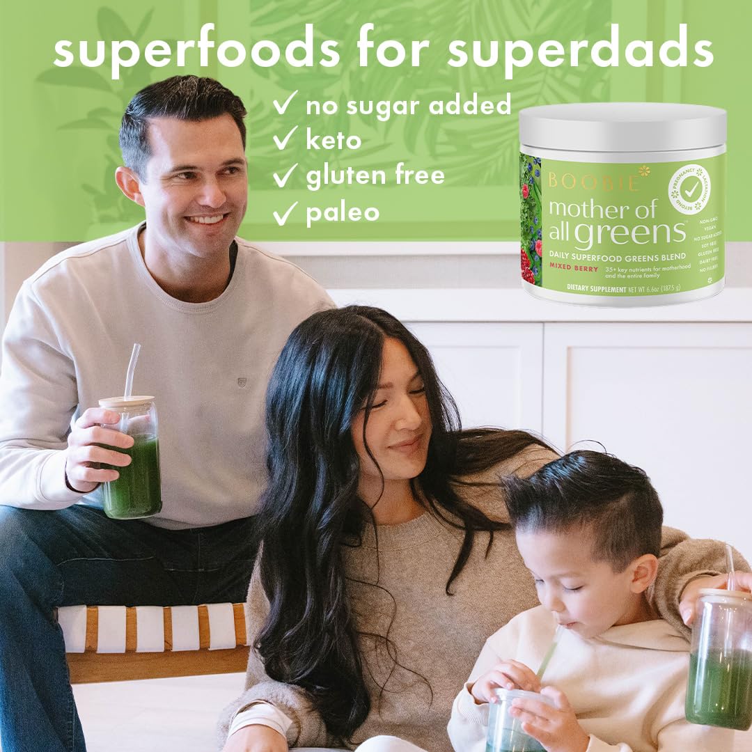 Boobie Mother of All Greens vegan and gluten-free formula supports clean eating.