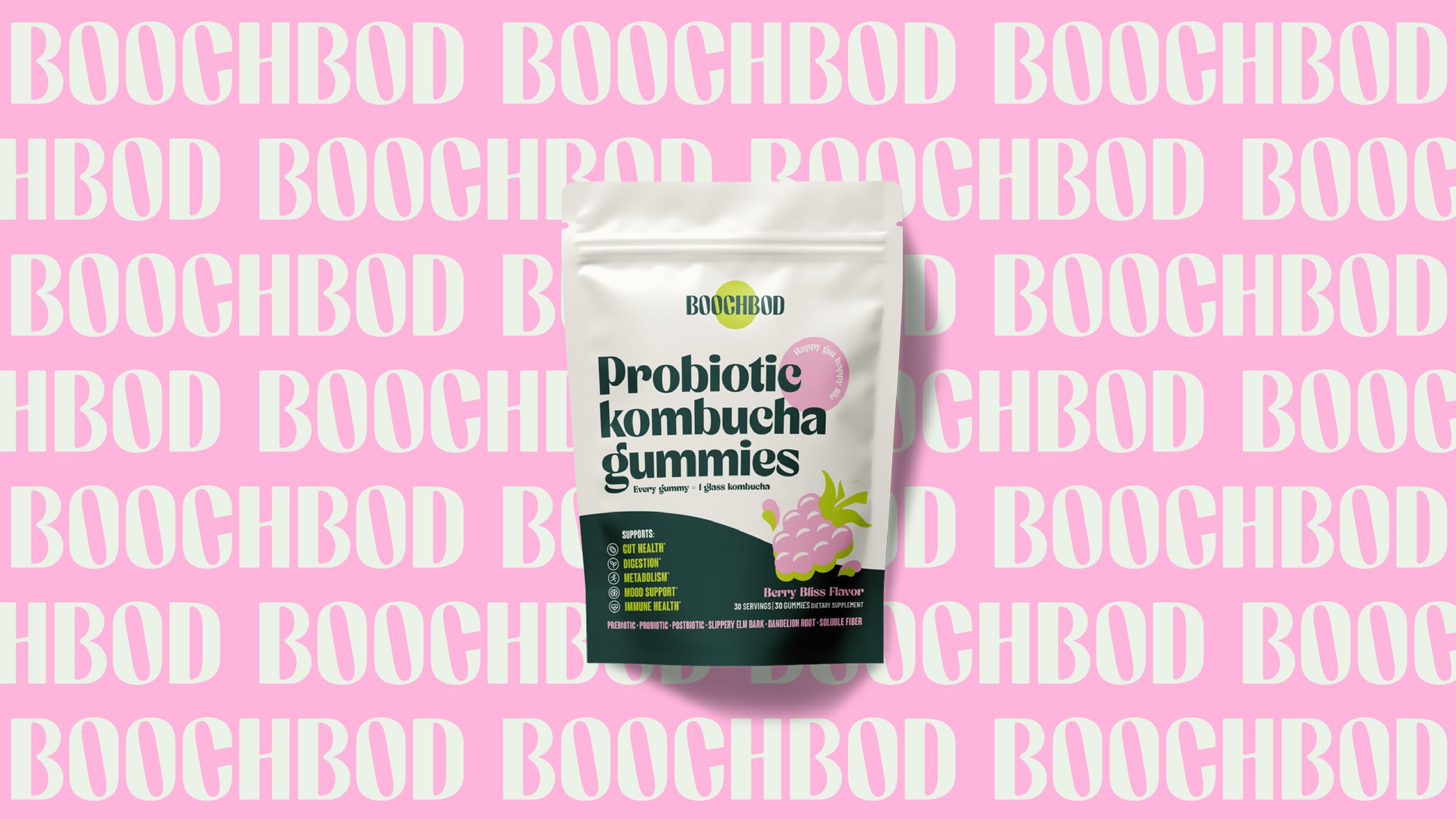 BoochBod gluten-free preservative-free badge highlights pure composition.