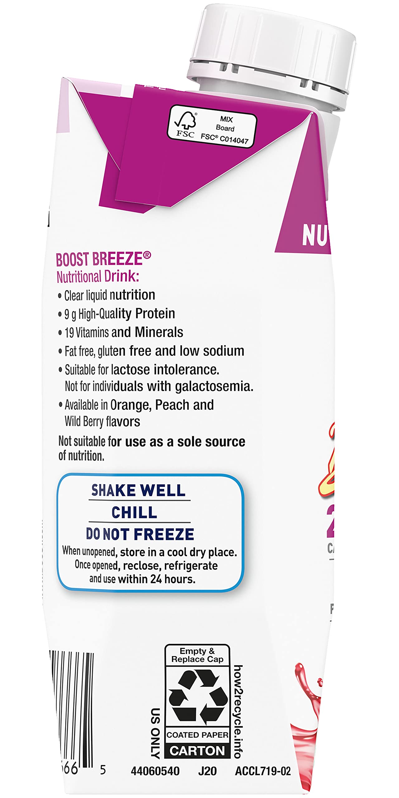 BOOST Breeze nutrition facts closeup reveals 9 g whey protein and 19 vitamins.