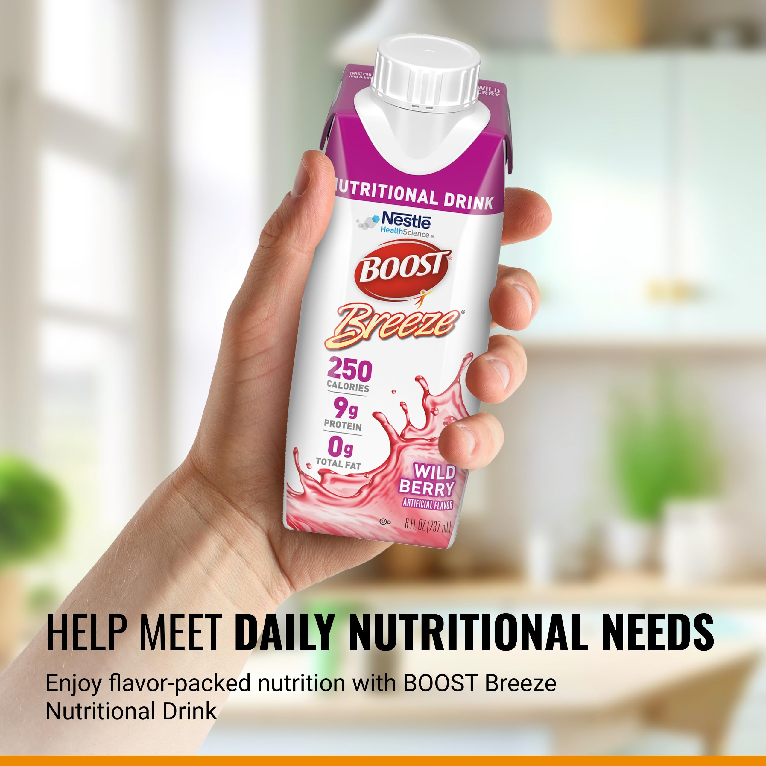 Boost Breeze nutrition facts label highlights vitamins and minerals per serving