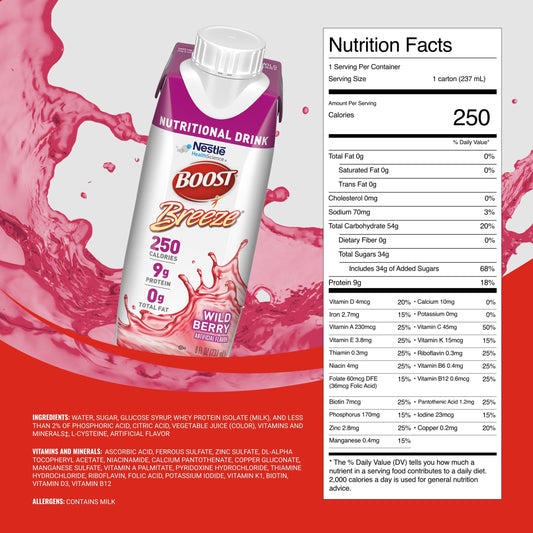 Boost Breeze Wild Berry glass showing a clear, fruity drink and protein boost
