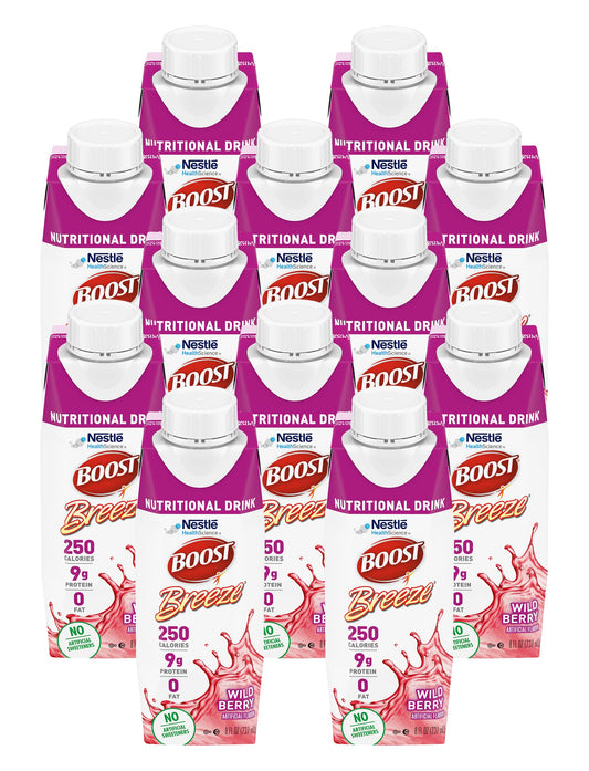 BOOST Breeze Wildberry 8oz bottle front shows a refreshing, calorie-dense option for daily nutrition.