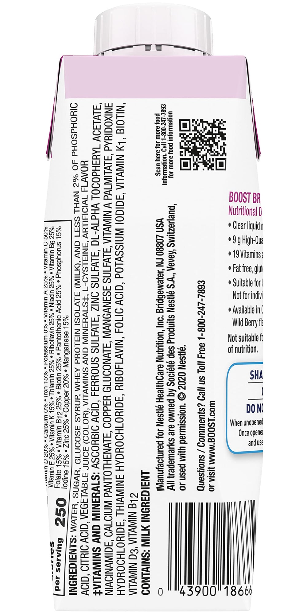 BOOST Breeze Wildberry 8oz bottle side view highlights convenient on-the-go nutrition.