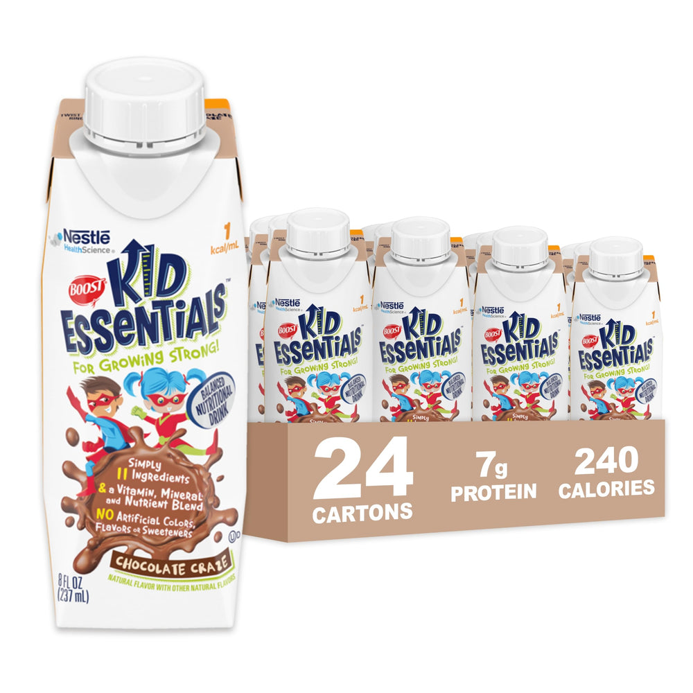 BOOST Kid Essentials Chocolate Craze carton front for easy lunchbox inclusion and quick nutrition
