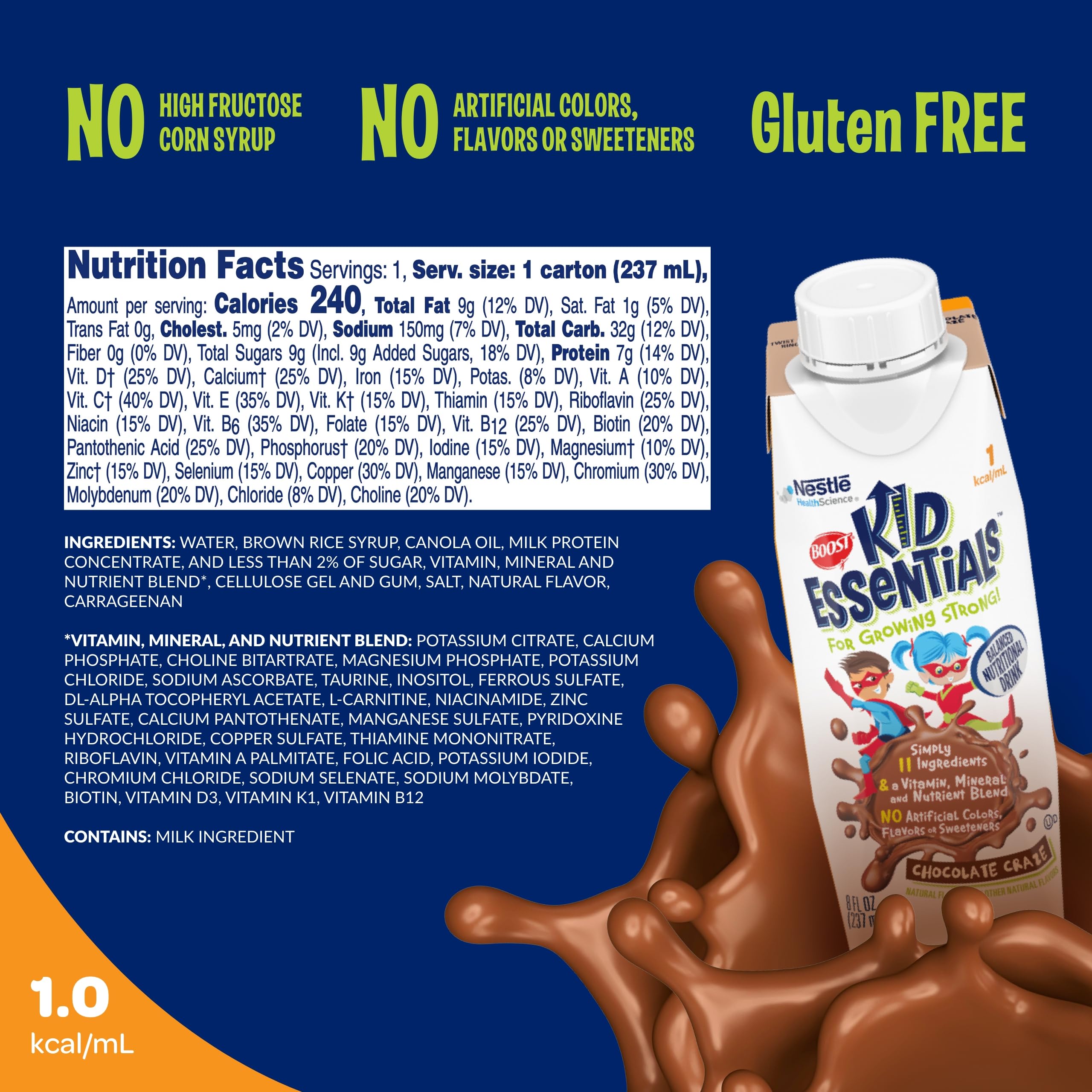 BOOST Kid Essentials Chocolate Craze carton back nutrition panel shows 25 vitamins and minerals