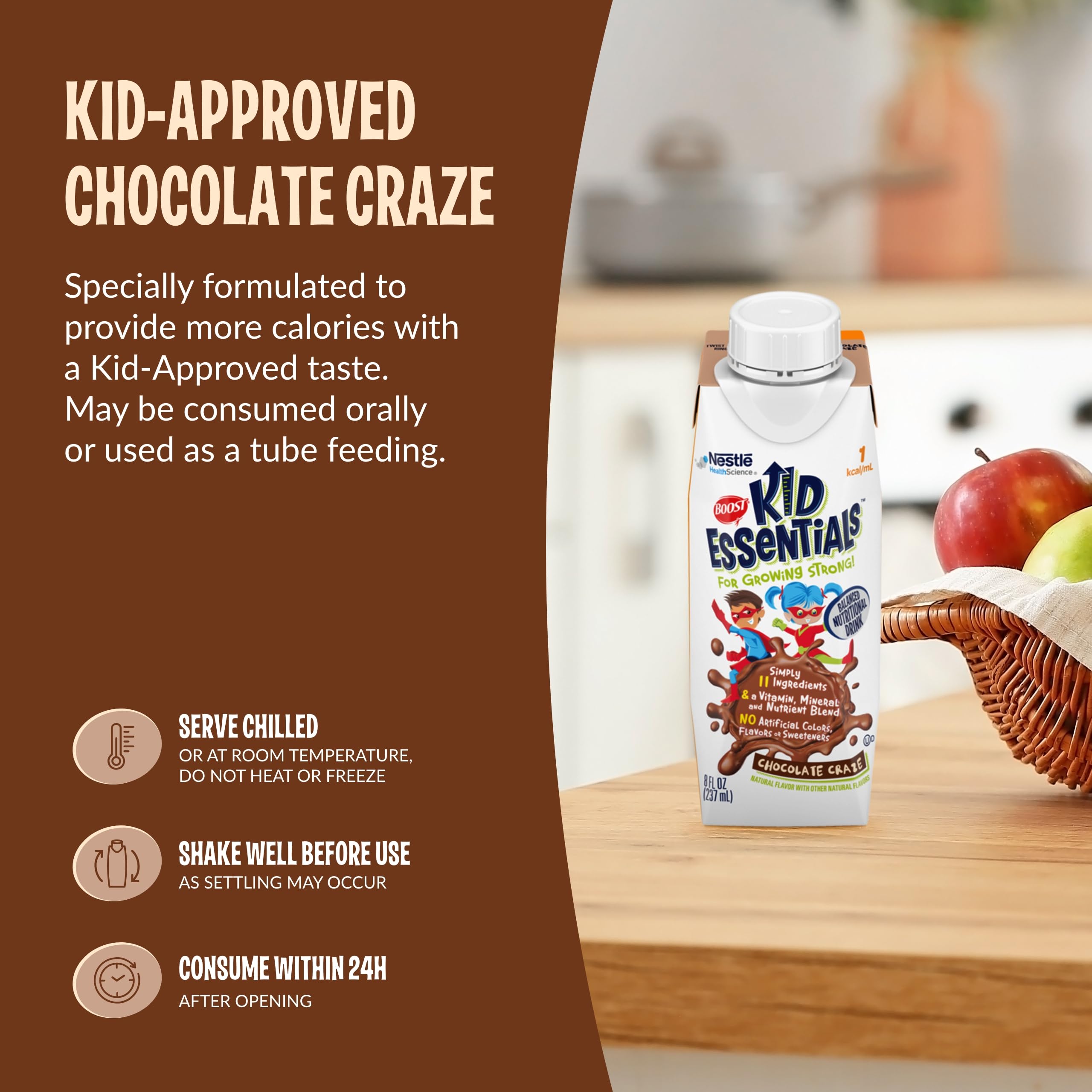 Nutrition facts on BOOST Kid Essentials Chocolate Craze emphasize calcium and vitamin D