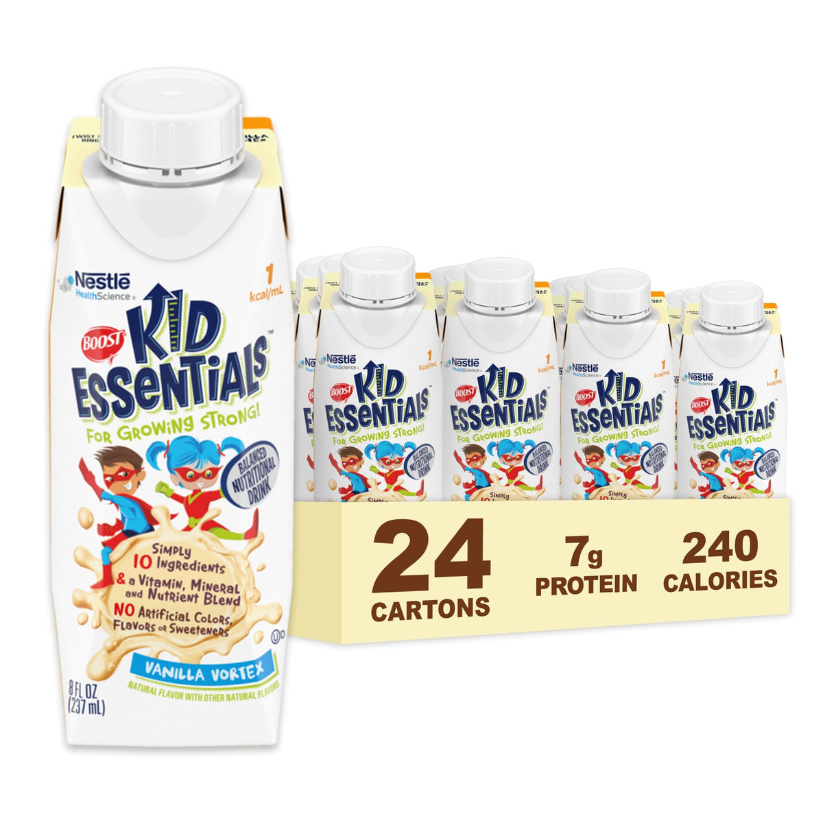 BOOST Kid Essentials Vanilla Vortex bottle pour for easy serving by a parent.